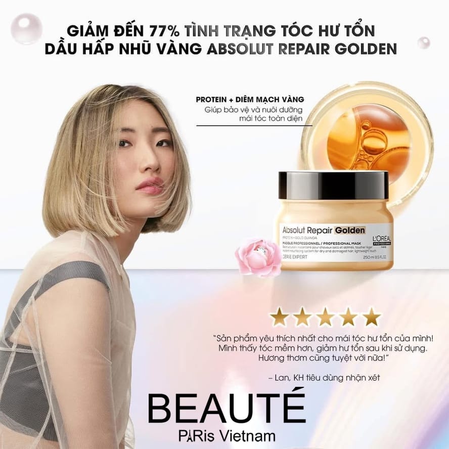 Dầu hấp nhũ vàng phục hồi tóc hư tổn L’Oréal Absolut Repair Golden 250ml